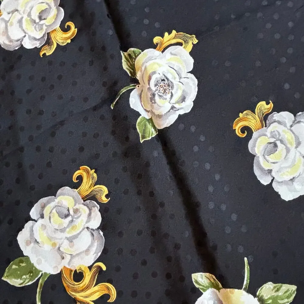 Jeannene Booher silk scarf large square satin brocade black gold & white floral